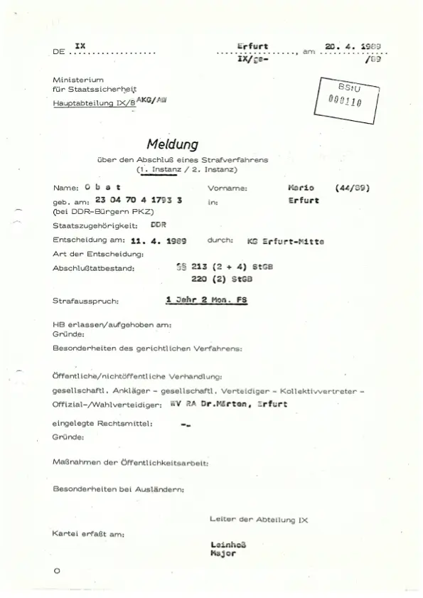 BStU 110: jelentés egy büntetőeljárás lezárásáról