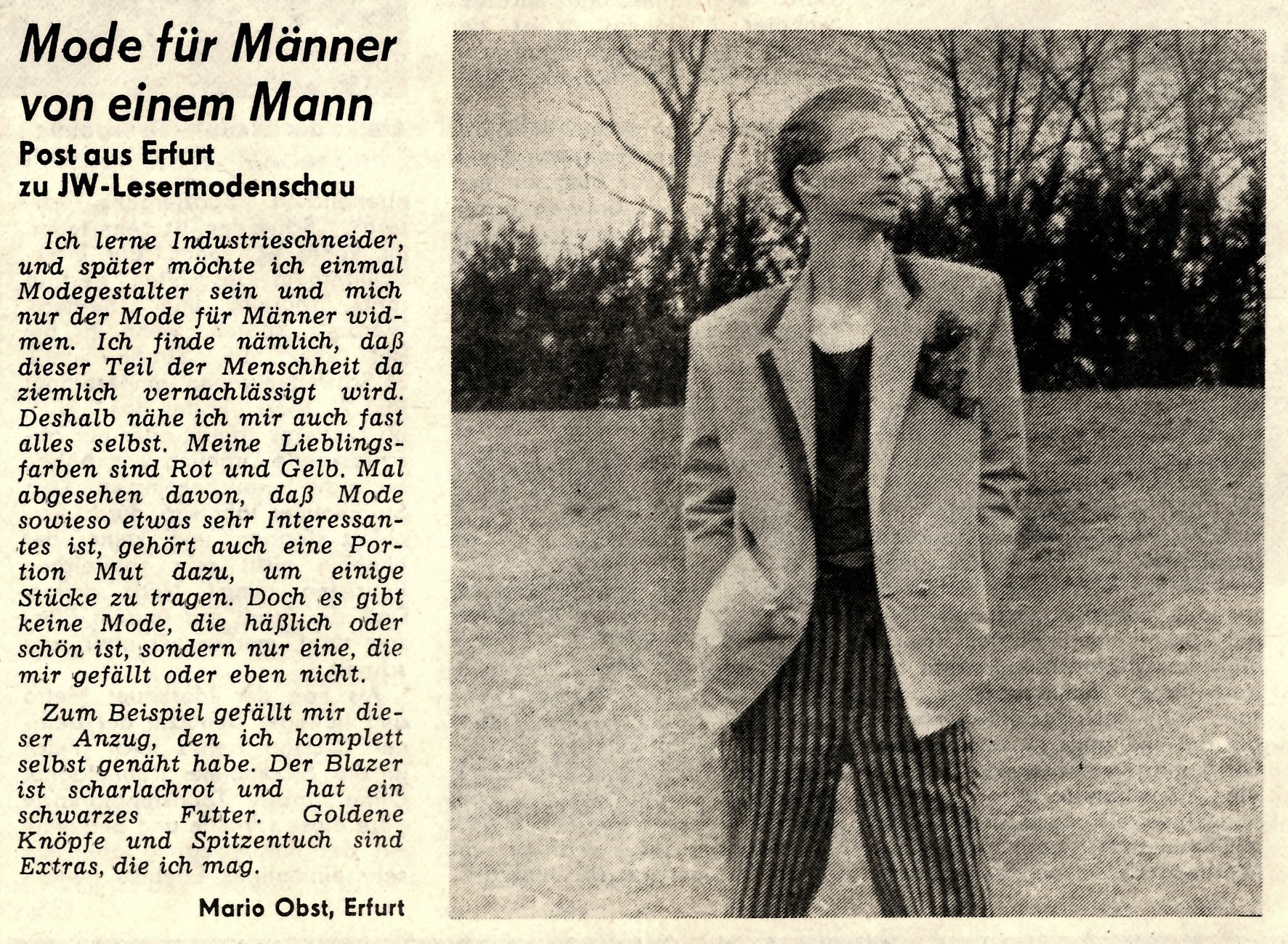A Junge Welt 1988. május 13-i cikke Mario Obst férfidivattervéről