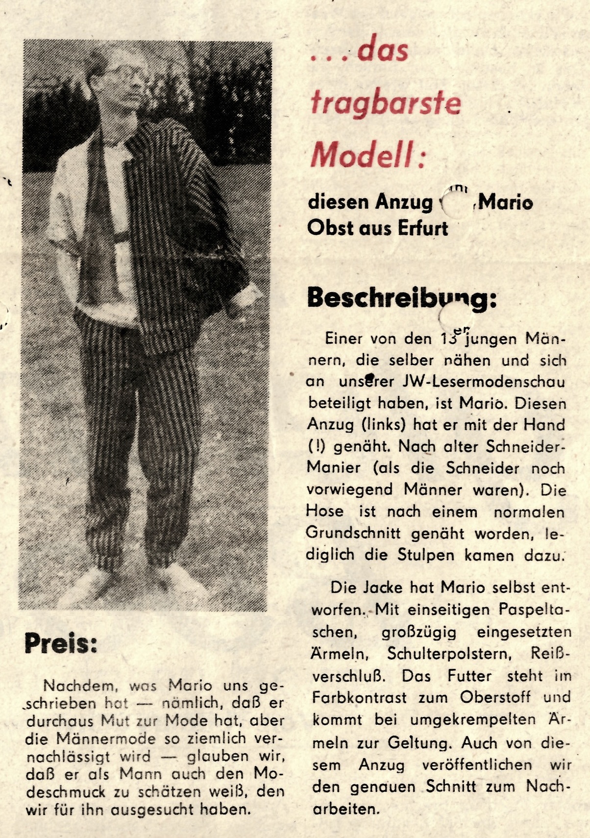 Újságkivágat Mario Obst díjnyertes öltönyéről, Junge Welt, 1988. november 4.