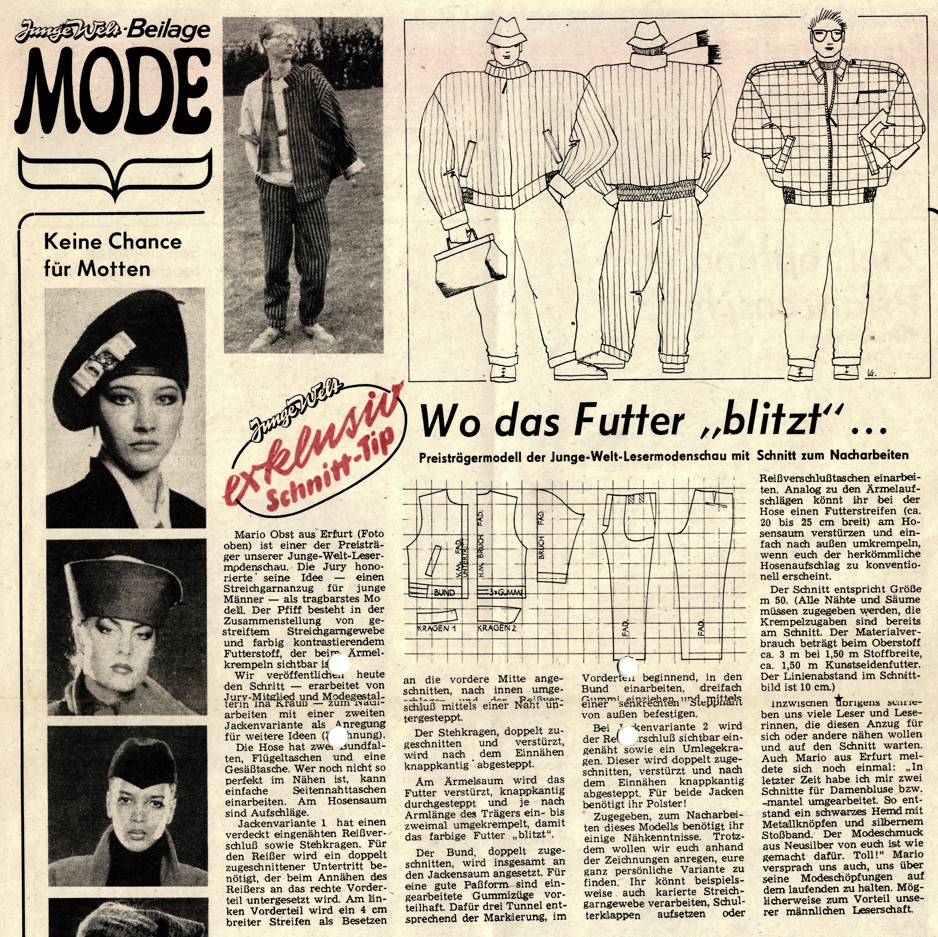 A Junge Welt 1989. január 13-i divatmelléklete Mario Obst díjnyertes tervével és szabásmintájával