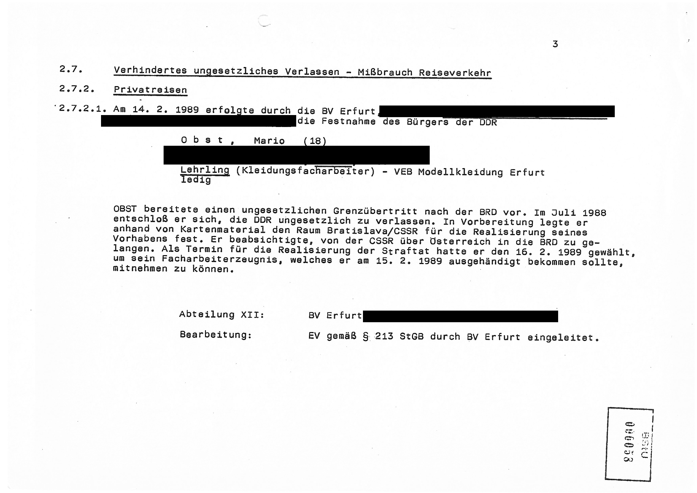 Stasi-bejegyzés Mario Obstról és tervezett nyugatnémetországi útjáról